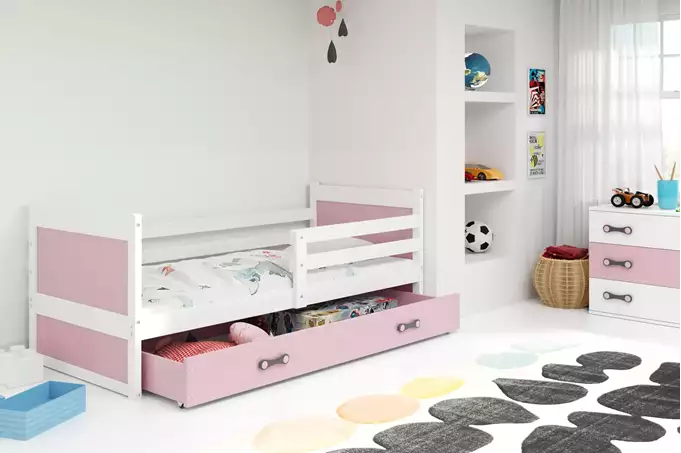 RICO vienvietīga jauniešu gulta 90x190 ar atvilktni, balta/rozā — 3 attēls