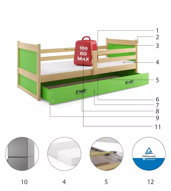 RICO vienvietīga jauniešu gulta 90x190 ar atvilktni, priede/zaļa — изображение 6