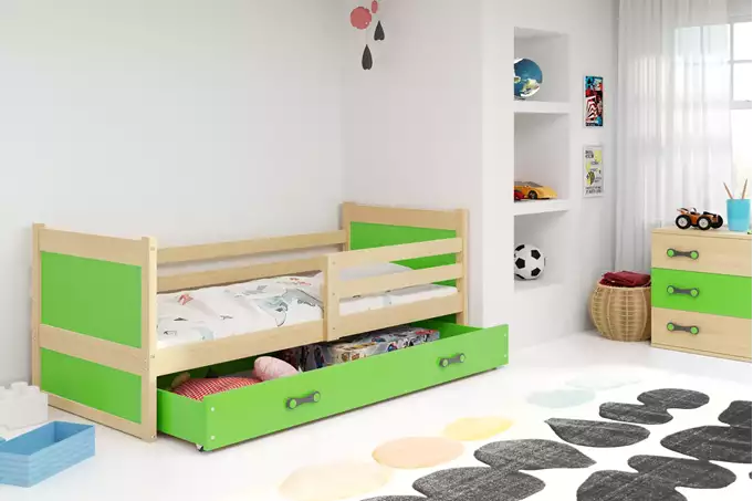 RICO vienvietīga jauniešu gulta 90x190 ar atvilktni, priede/zaļa — изображение 3