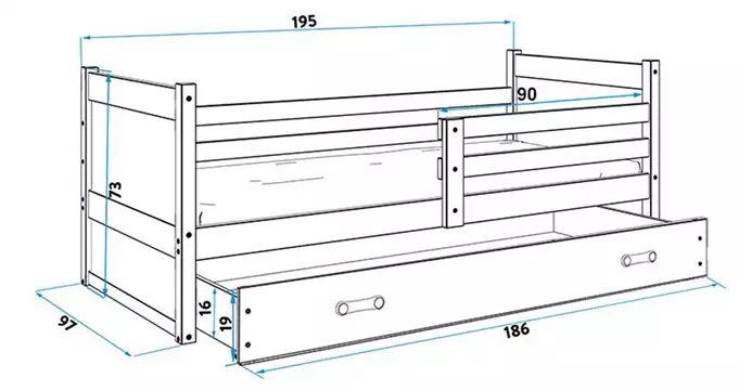RICO vienvietīga jauniešu gulta 90x190 ar atvilktni, priede/zaļa — изображение 5