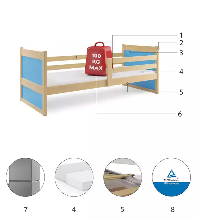 RICO vienvietīgā gulta jauniešiem 90x200, priede/zila — изображение 6
