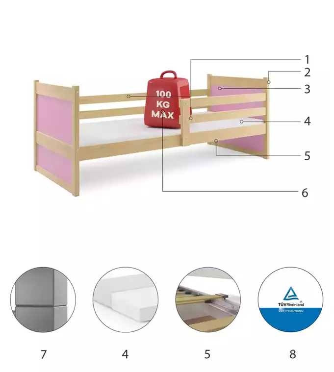 RICO vienvietīgā gulta jauniešiem 90x200, priede/rozā — 6 attēls