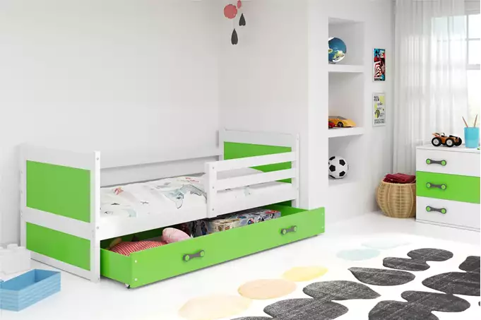 RICO vienvietīga jauniešu gulta 90x200 ar matraci un atvilktni, balta/zaļa — изображение 3