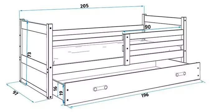 RICO vienvietīga jauniešu gulta 90x200 ar matraci un atvilktni, priede/zaļa — изображение 5