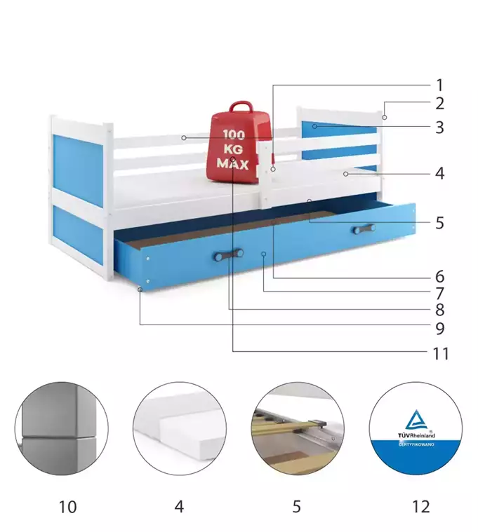 RICO vienvietīga jauniešu gulta 90x200 ar atvilktni, balta/zila — изображение 6