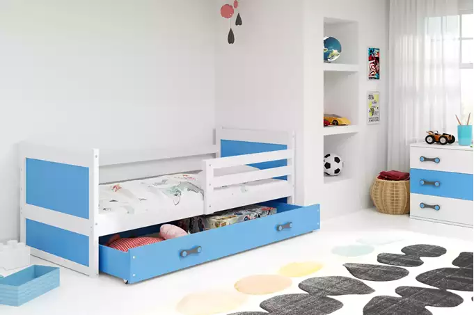 RICO vienvietīga jauniešu gulta 90x200 ar atvilktni, balta/zila — изображение 3