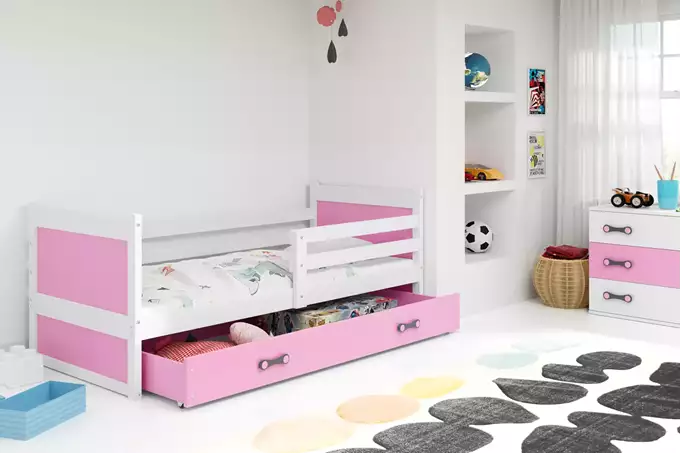 RICO vienvietīga jauniešu gulta 90x200 ar atvilktni, balta/rozā — изображение 3