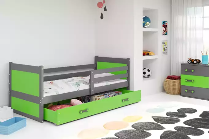 RICO vienvietīga jauniešu gulta 90x200 ar atvilktni, grafīta/zaļa — 3 attēls