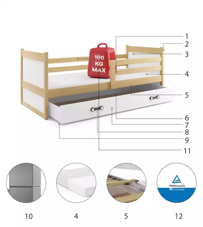 RICO vienvietīga jauniešu gulta 90x200 ar atvilktni, priede/balta — изображение 6