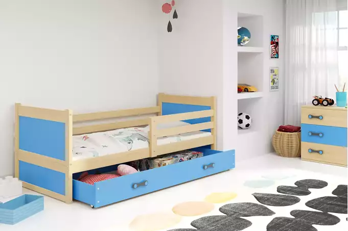 RICO vienvietīga jauniešu gulta 90x200 ar atvilktni, priede/zila — 4 attēls