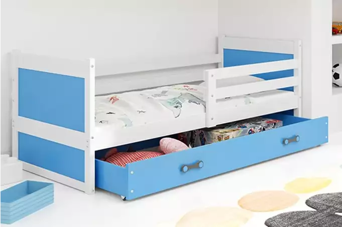 RICO vienvietīga jauniešu gulta 80x190 ar matraci un atvilktni, balta/zila