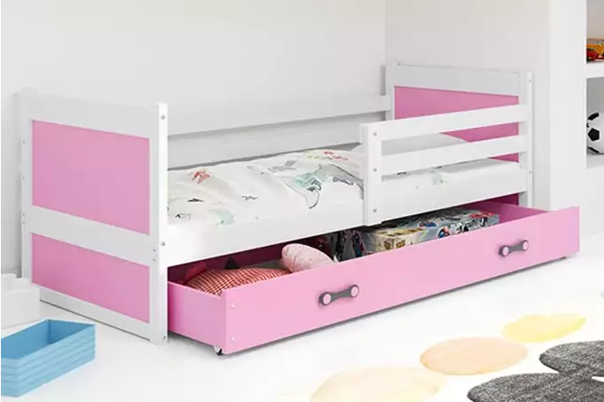 RICO vienvietīga jauniešu gulta 90x200 ar atvilktni, balta/rozā