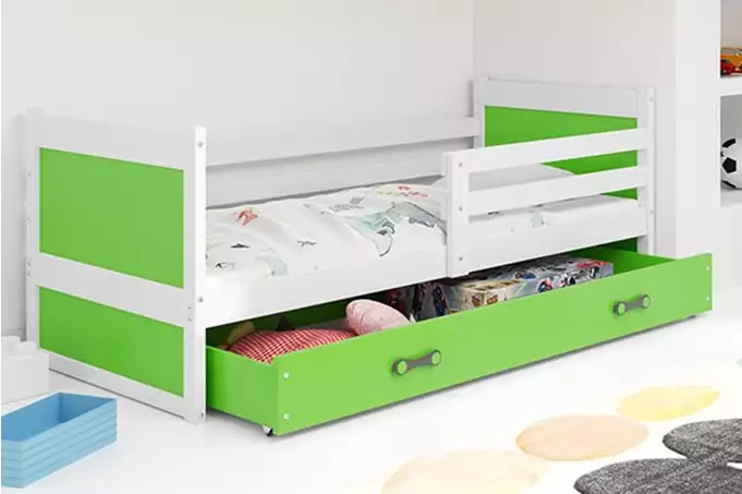 RICO vienvietīga jauniešu gulta 90x200 ar atvilktni, balta/zaļa