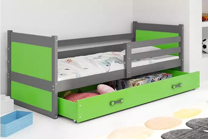 RICO vienvietīga jauniešu gulta 90x200 ar atvilktni, grafīta/zaļa