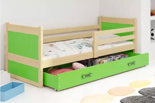 RICO vienvietīga jauniešu gulta 80×190 ar atvilktni, priede/zaļa