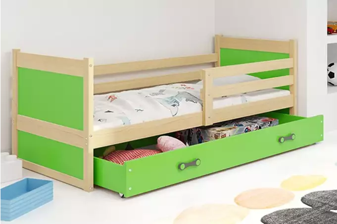 RICO vienvietīga jauniešu gulta 90x190 ar atvilktni, priede/zaļa