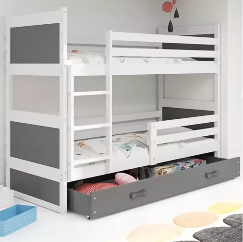 RICO 90×200 divstāvu gulta jauniešiem ar atvilktni, balta/grafīta krāsā