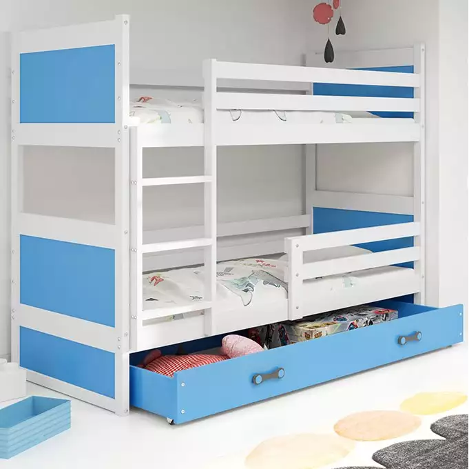 RICO divstāvu gulta jauniešiem 90x200 ar matraci un atvilktni, balta/zila