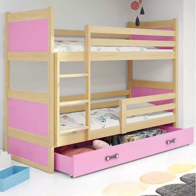 RICO 90x200 divstāvu gulta jauniešiem ar atvilktni, priede/rozā