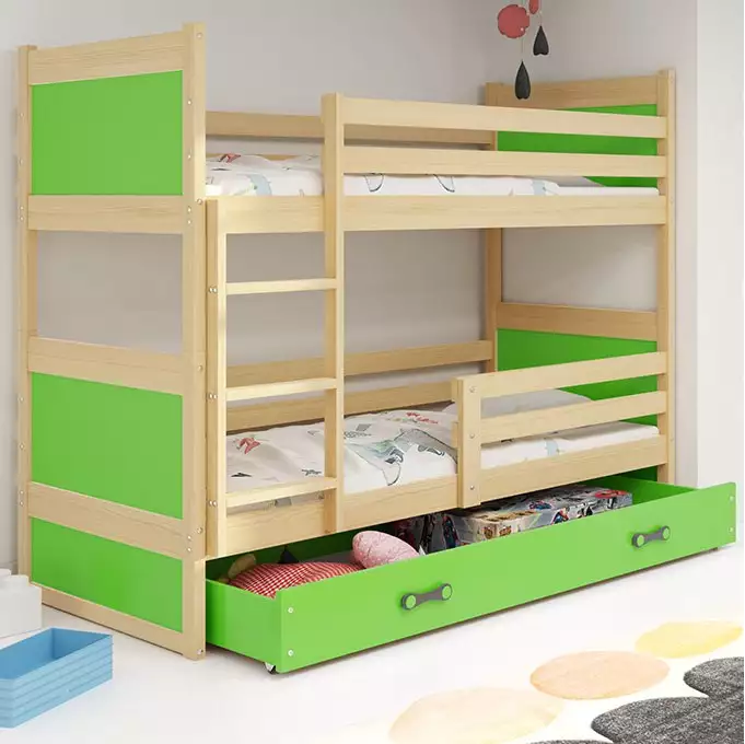RICO divstāvu gulta jauniešiem 90x200 ar matraci un atvilktni, priede/zaļa