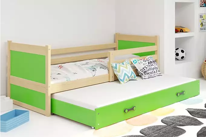 RICO jauniešu saliekamā gulta 90x190 ar atvilktni, priede/zaļa