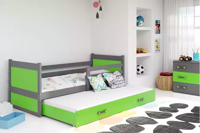 RICO 90x200 izvelkama jauniešu gulta ar atvilktni, grafīta/zaļa — 3 attēls
