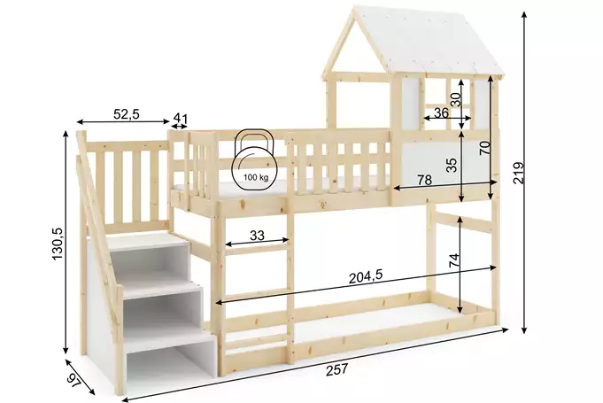 Divstāvu gulta "Cottage" ar kāpnēm un jumtu - mezzanine no dabīga koka 90x200