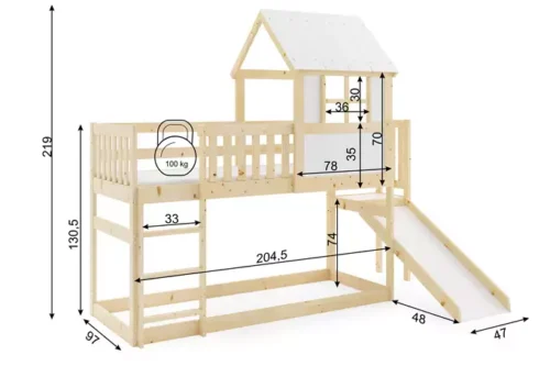 Divstāvu gulta ar izbīdāmo gultu – mezzanine, dabīgā koka mājiņa 90×200