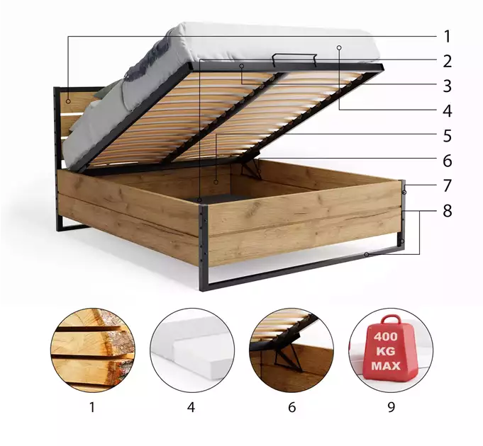 LOFT guļamistabas gulta 140x200 ar uzglabāšanas kasti, izgatavota no ozola