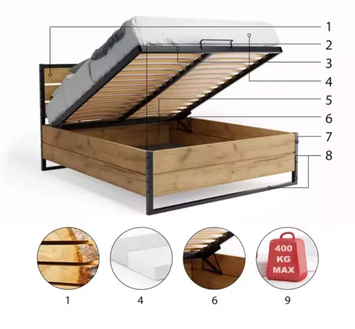 LOFT guļamistabas gulta 160×200 ar matraci un uzglabāšanas kasti, izgatavota no ozola