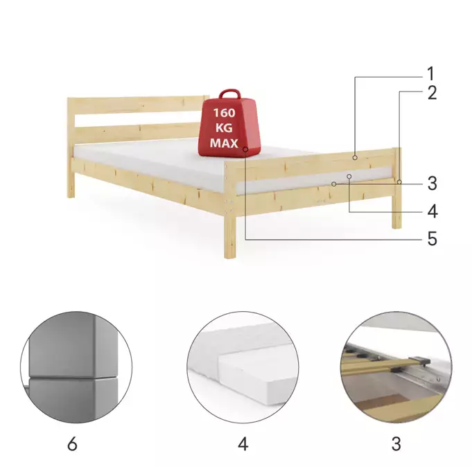 Orbis 140X200 guļamistabas gulta ar matraci, dabīgs koks — изображение 4