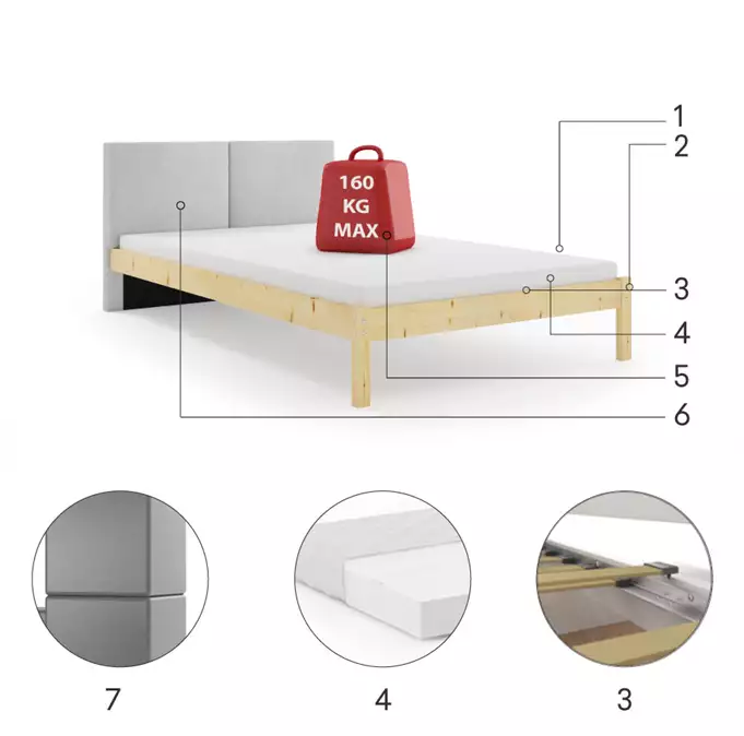 Mīksta guļamistabas gulta Galaxy 140x200, dabīgs koks/osis — изображение 3