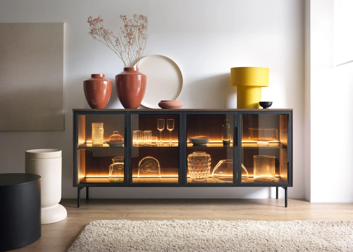 Lumi 2D2S vitrīna ar rūdīta stikla ornamentētām flautas, Dunin ozolkoka krāsā — изображение 7
