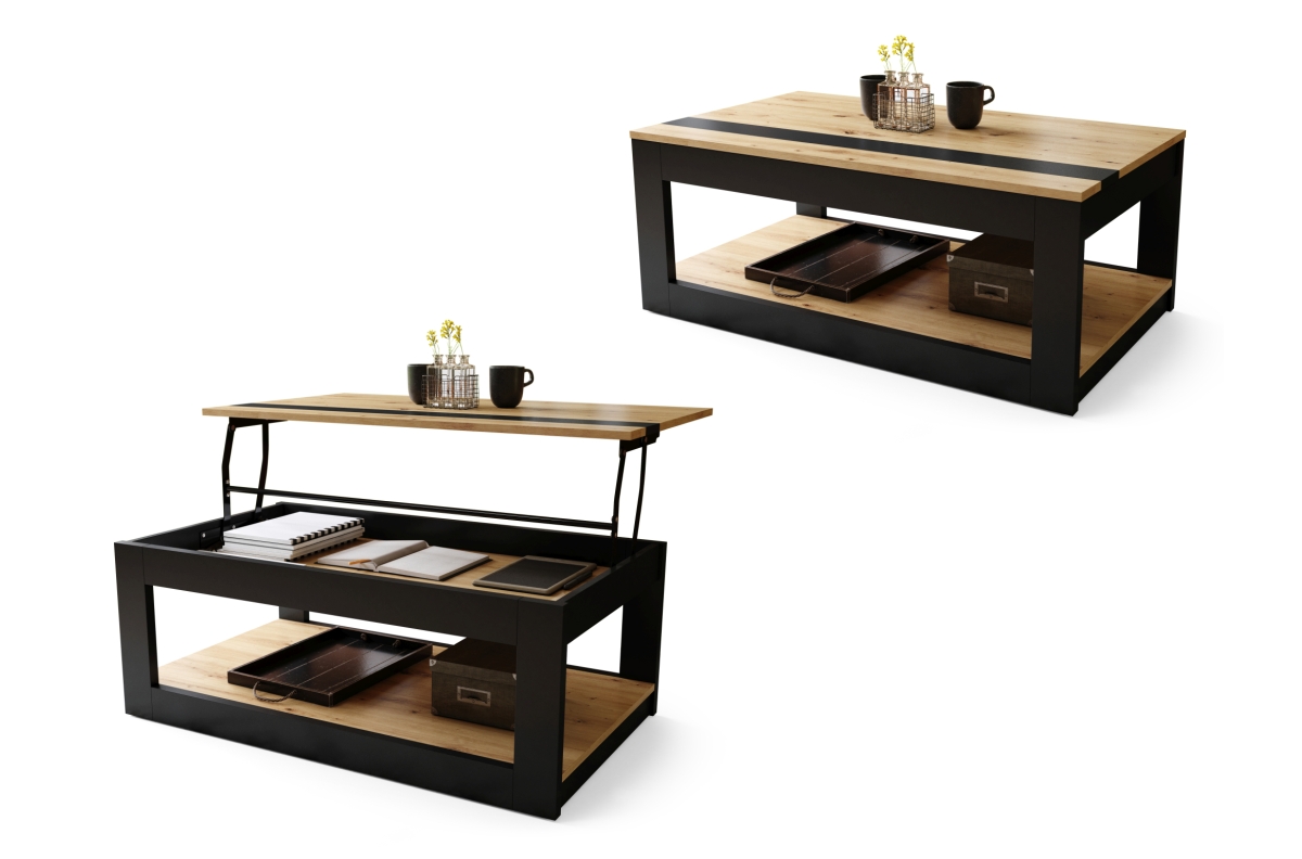 LUSSO Artisan Oak/Matēti melns - MODERNS KAFIJAS GALDIŅŠ AR PACELAMU VIRSMU + UZGLABĀŠANAS NODALĪJUMU + PLAUKTU (UZ RITEŅIEM!)