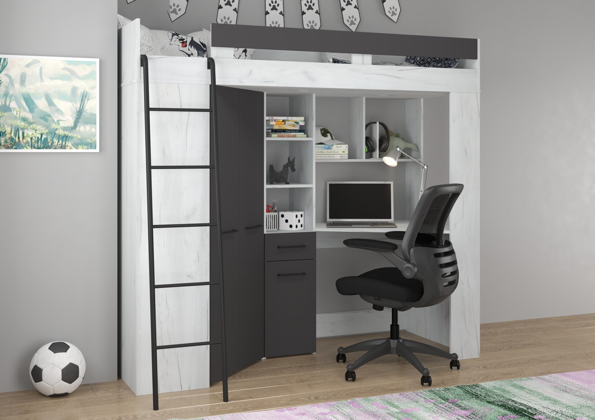 Divstāvu gulta ar galdu, stūra skapis, mezzanine FLO L craft balts grafīts — изображение 3
