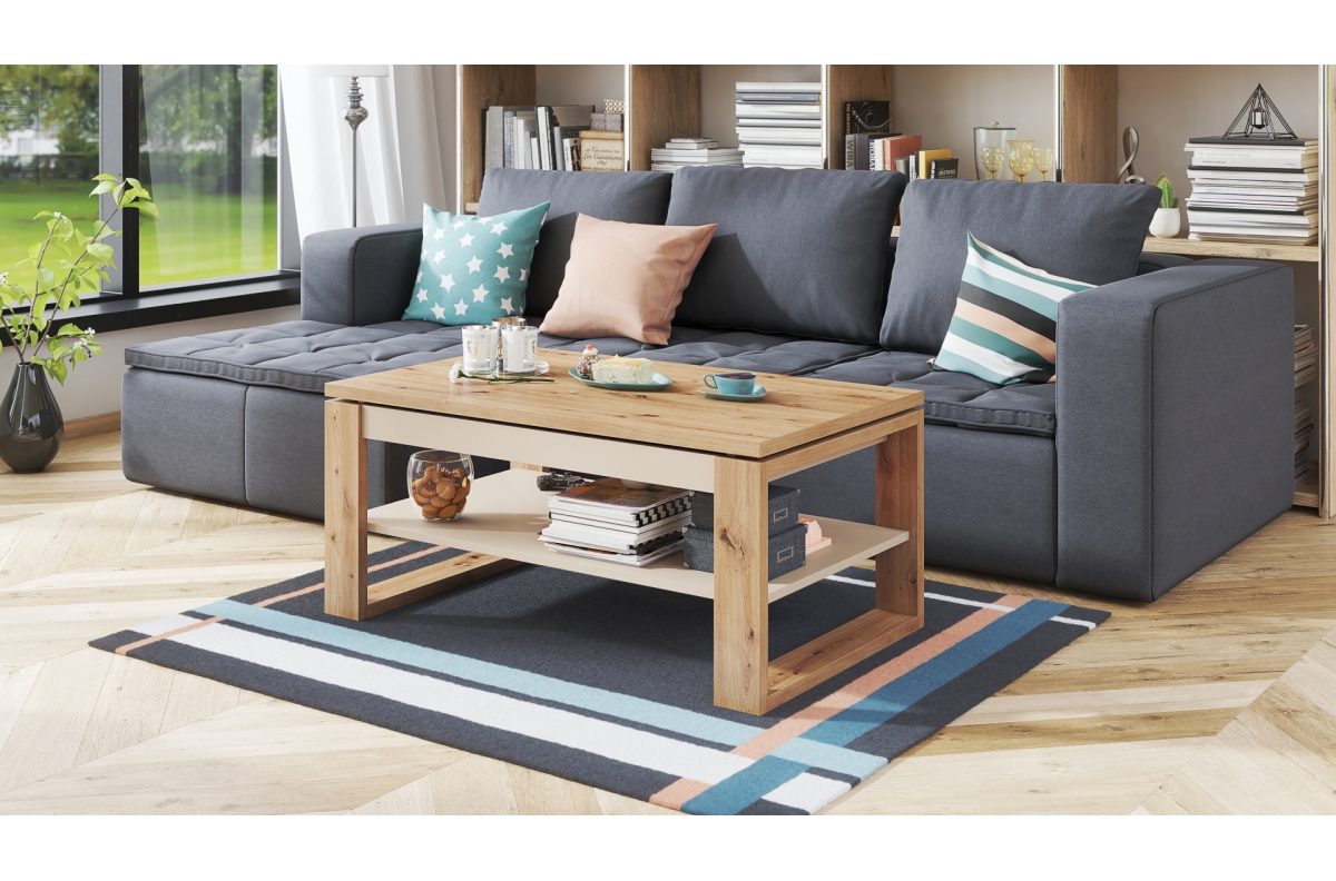 NUO Artisan Oak/Beige (Champagne) - MODERNS KAFIJAS GALDIŅŠ AR PACELAMU GALDA VIRSMU — 2 attēls
