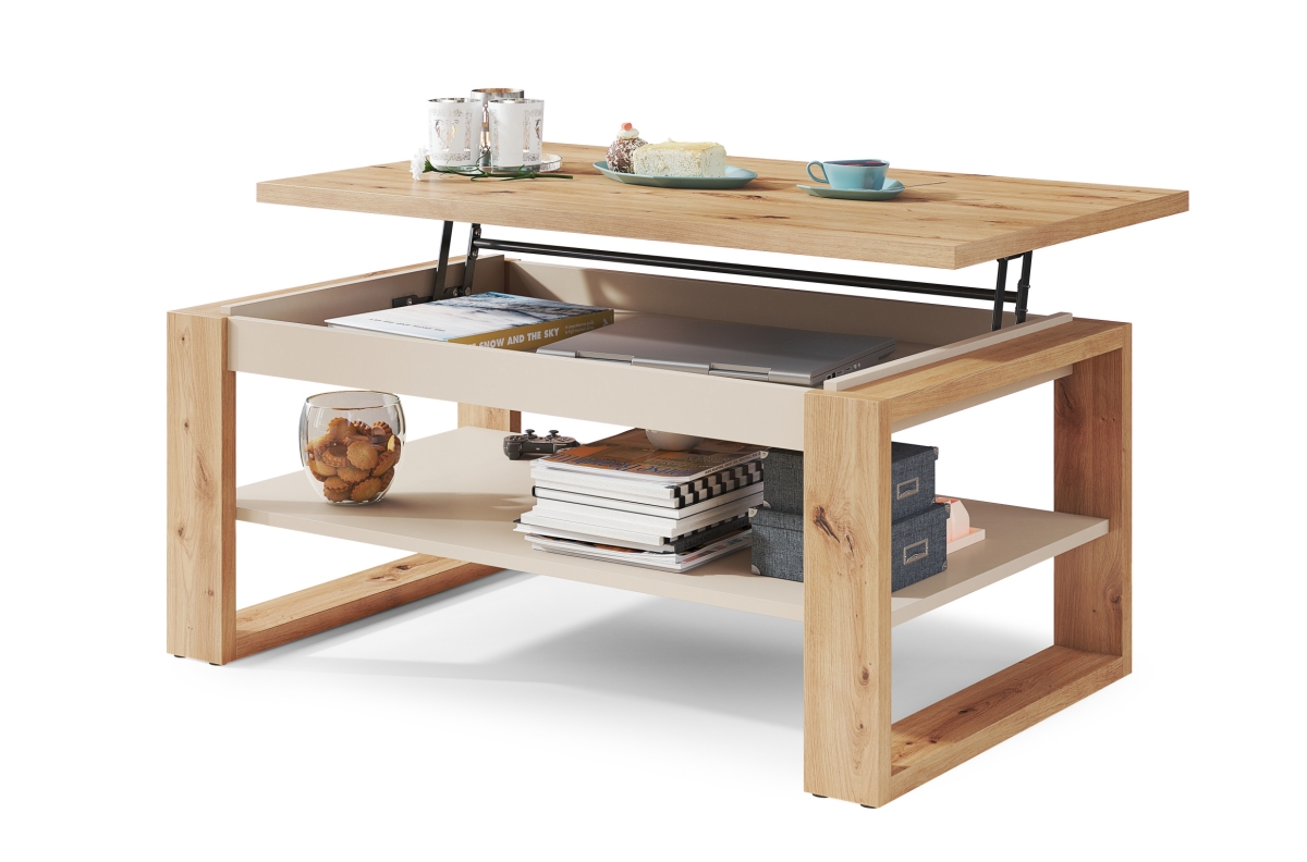 NUO Artisan Oak/Beige (Champagne) - MODERNS KAFIJAS GALDIŅŠ AR PACELAMU GALDA VIRSMU — 7 attēls