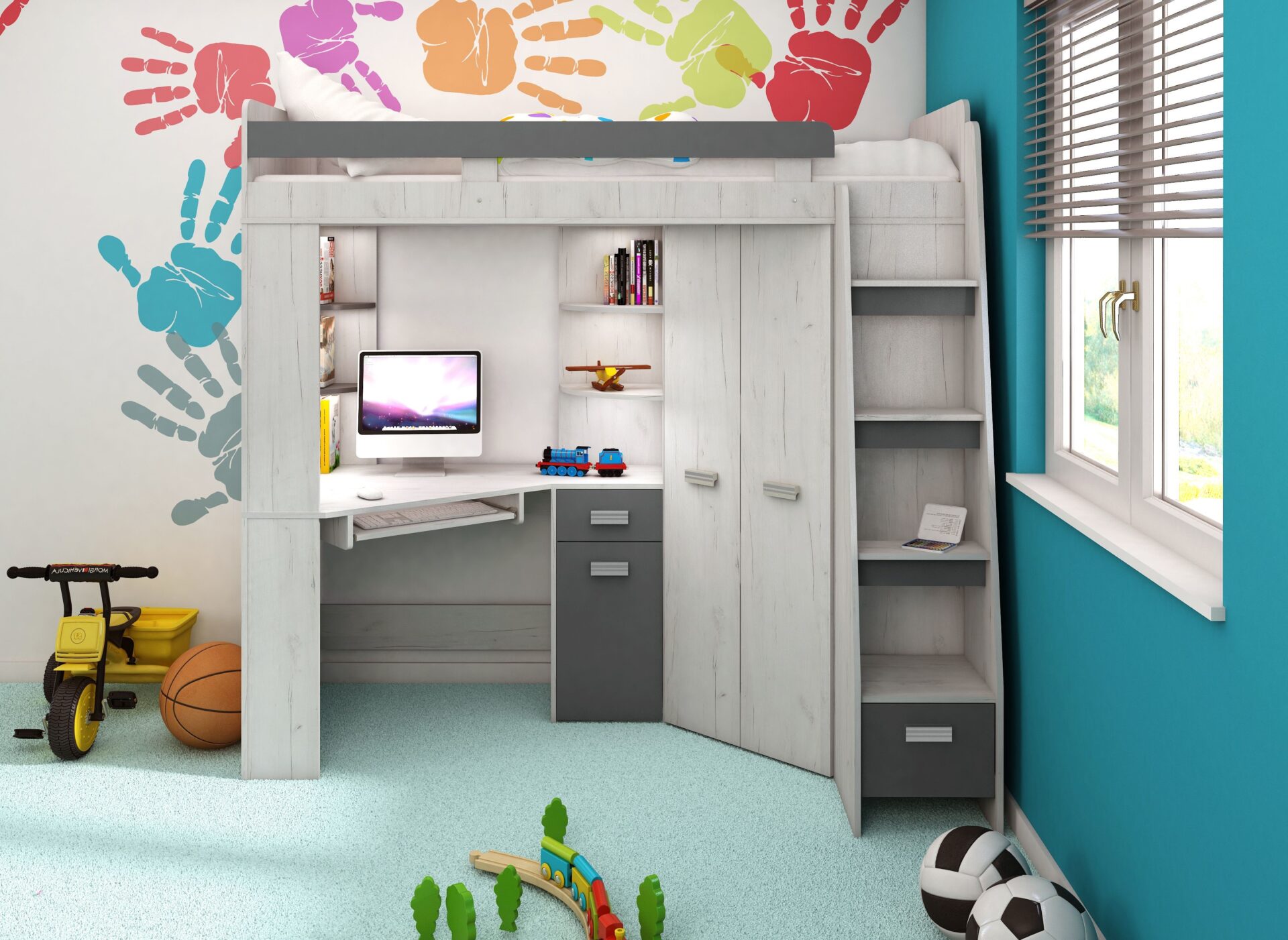 Divstāvu gulta ar galdu, stūra skapis, mezzanīns, SOLA P craft, balts grafīts — изображение 2