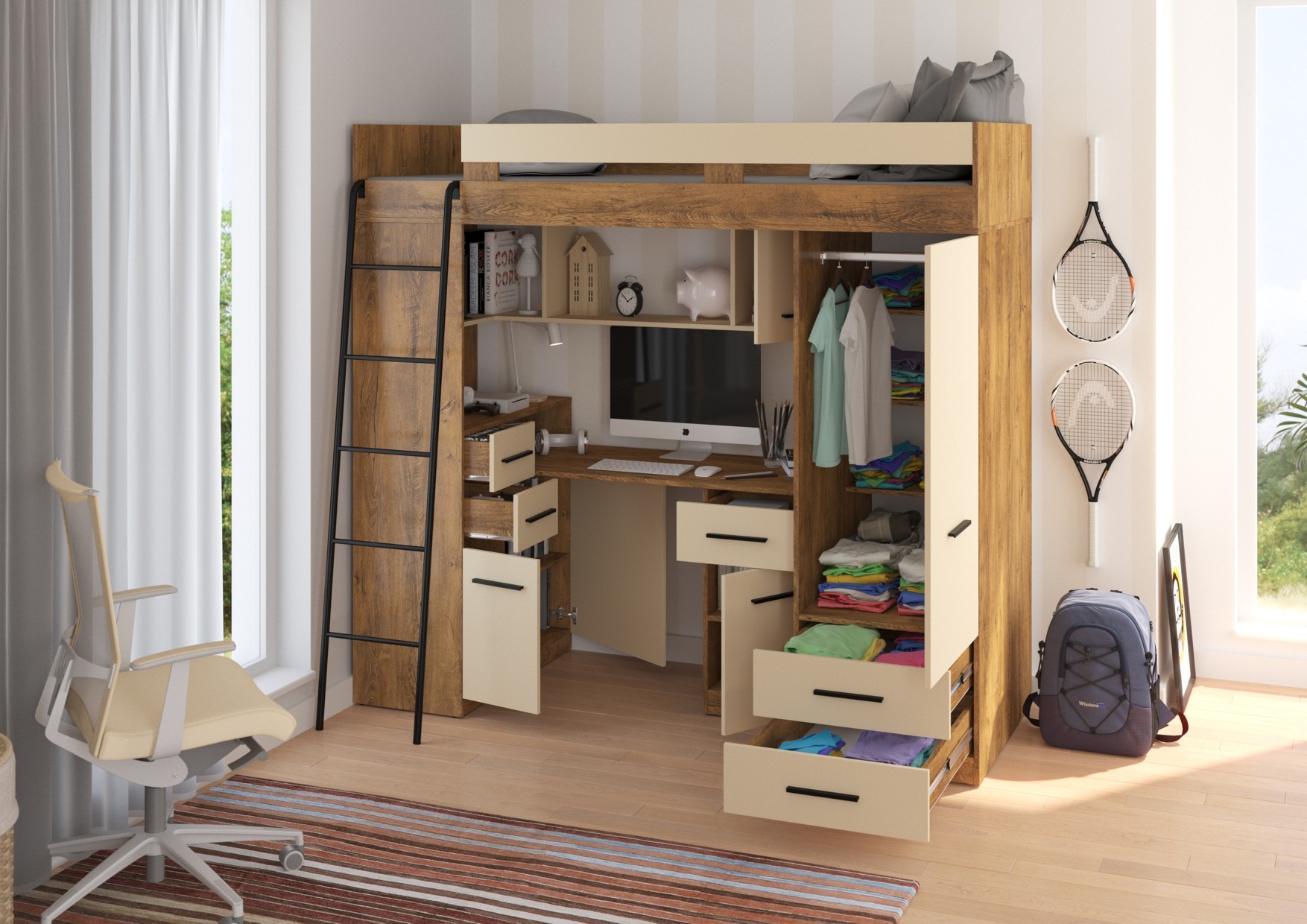 MYKS L mezzanine bez paklājiņa, bordo ozols / krēmkrāsa — изображение 2