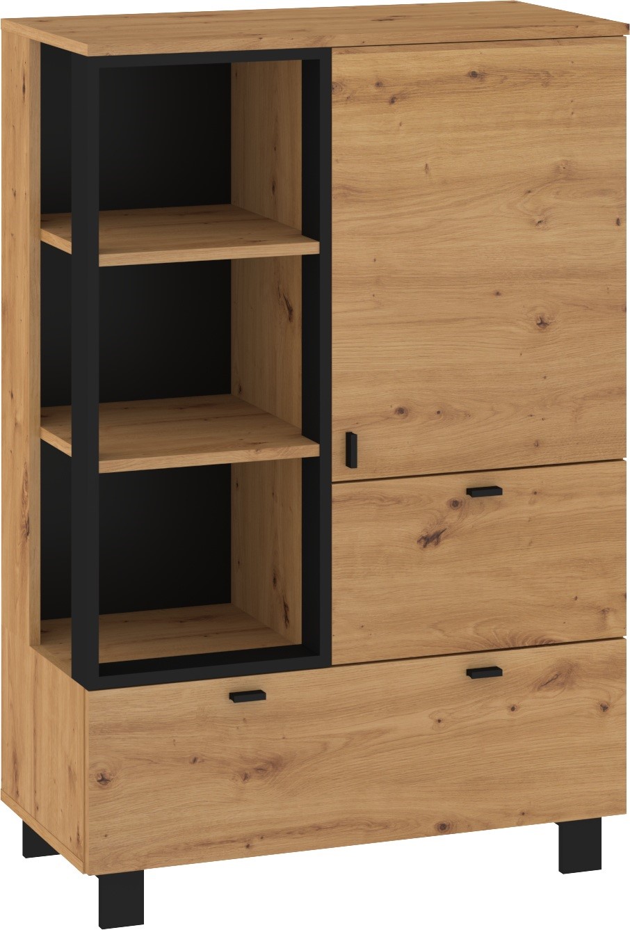 GAVES 06 mēbeles, zems grāmatu skapis ar atvilktnēm, loft stils, artisan ozols, melns