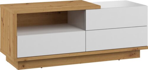 BRITA 20 mēbeļu kumode, galds, TV skapītis ar atvilktni, artisan ozols, spīdīgi balta