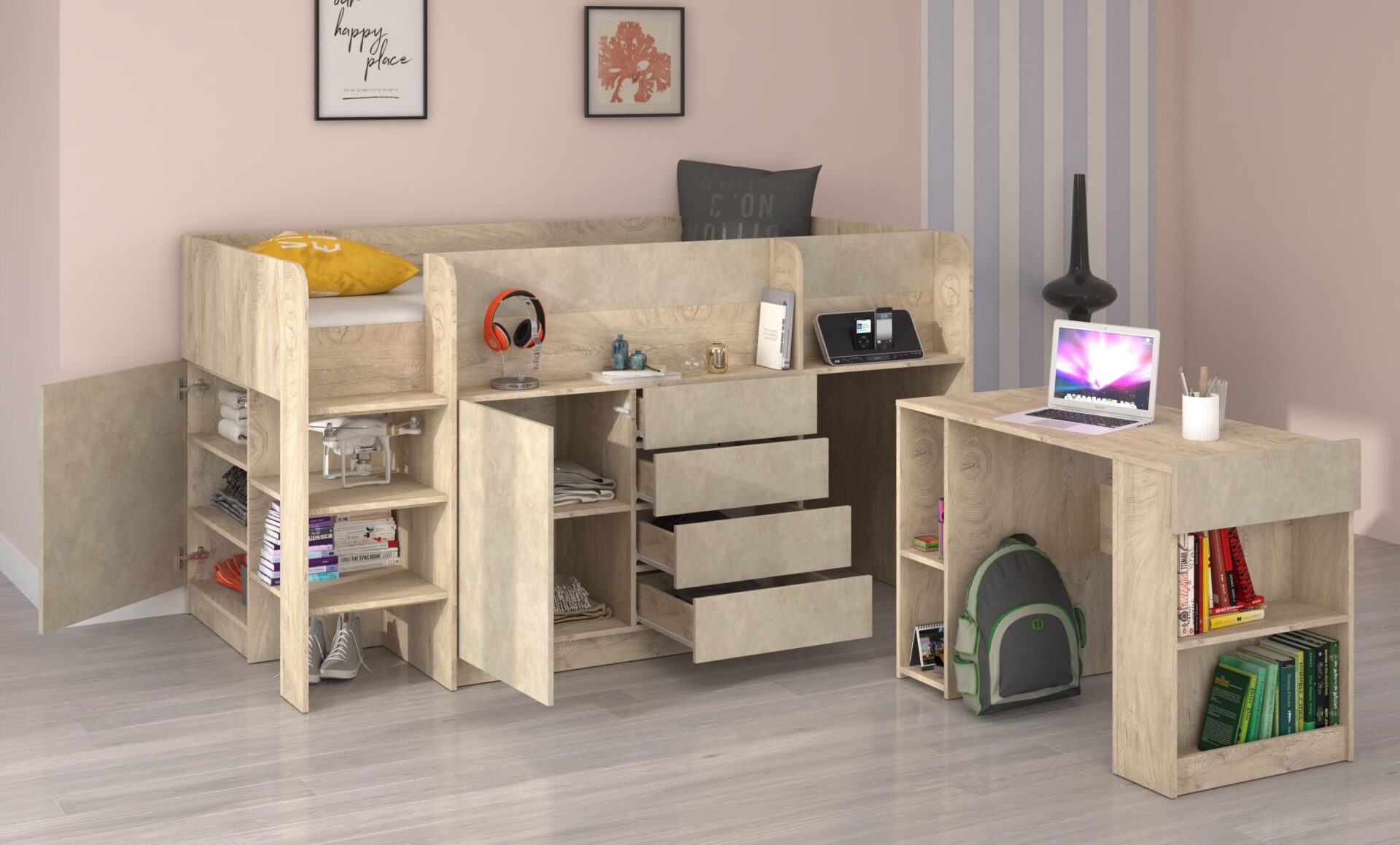 EMI L divstāvu gulta, rakstāmgalds, kumode, mezzanine, ozols, mandeļu apdare — изображение 5