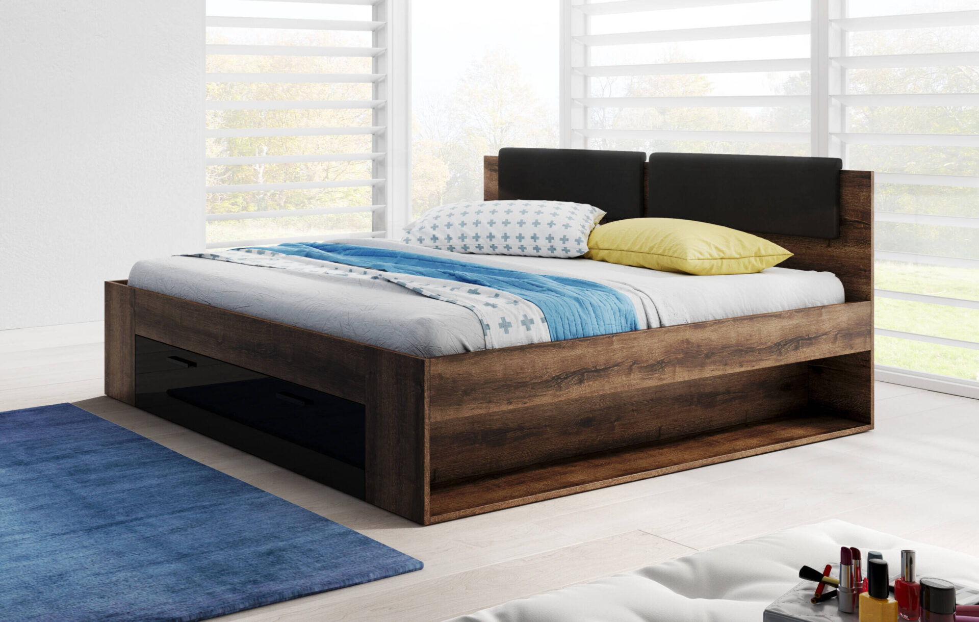 Galaxy gulta 180/200 cm ar atvilktni, Monster Oak / spīdīgi melna — 2 attēls