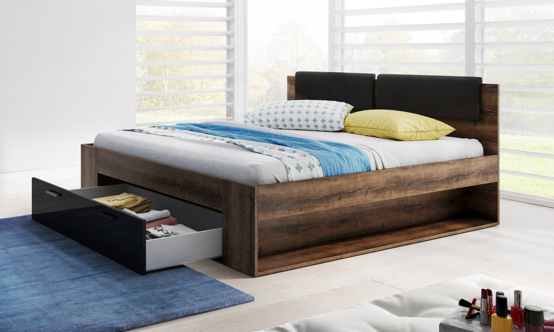 Galaxy gulta 180/200 cm ar atvilktni, Monster Oak / spīdīgi melna — 3 attēls