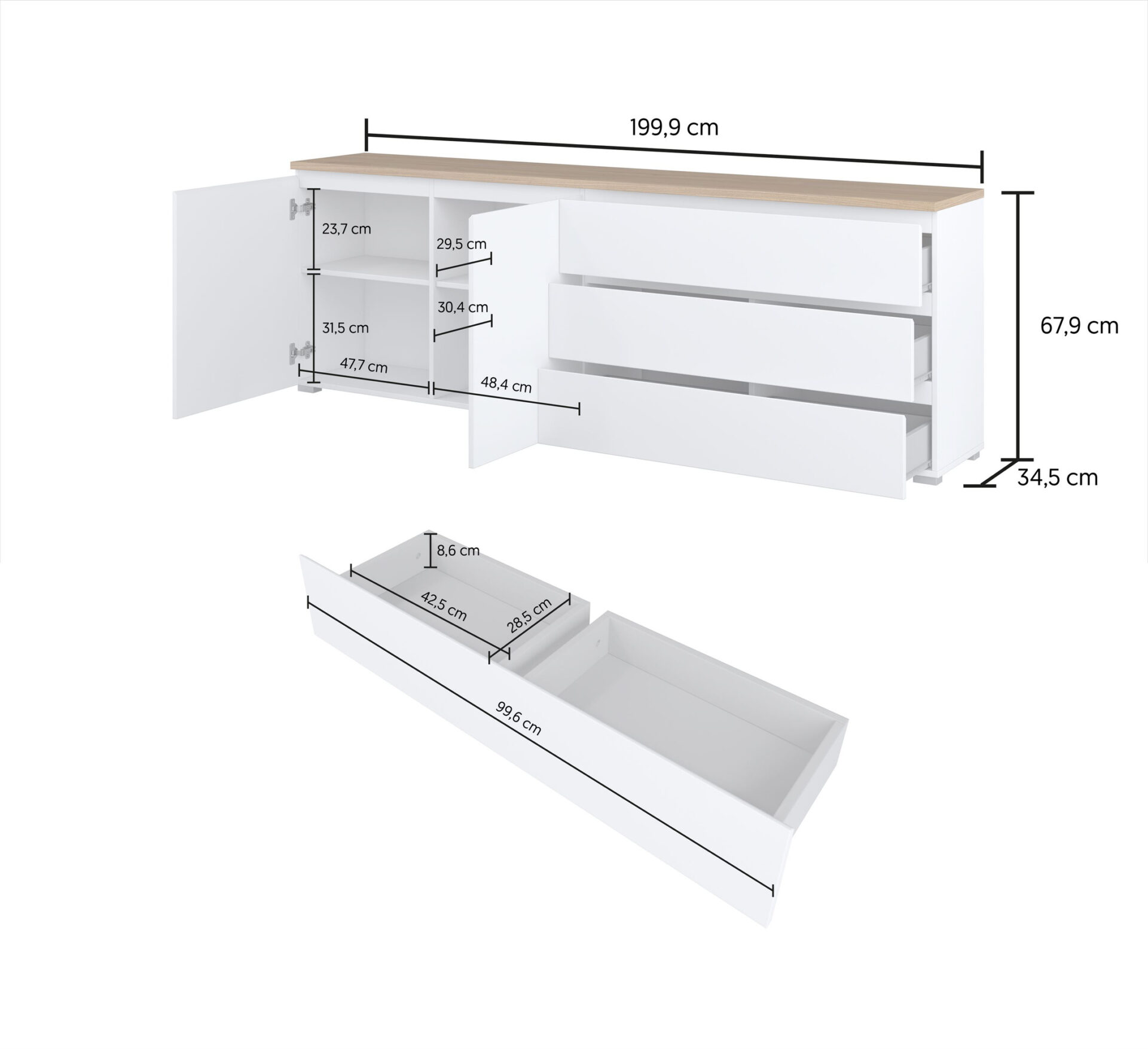 Modo - Kumode 2D3S 200 cm matēti balta, rozā ozols — изображение 2
