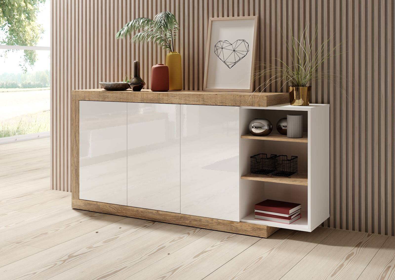 Sintra kumode ar 3 durvīm, 180 cm, spīdīgi balta / Samdal ozols — 2 attēls