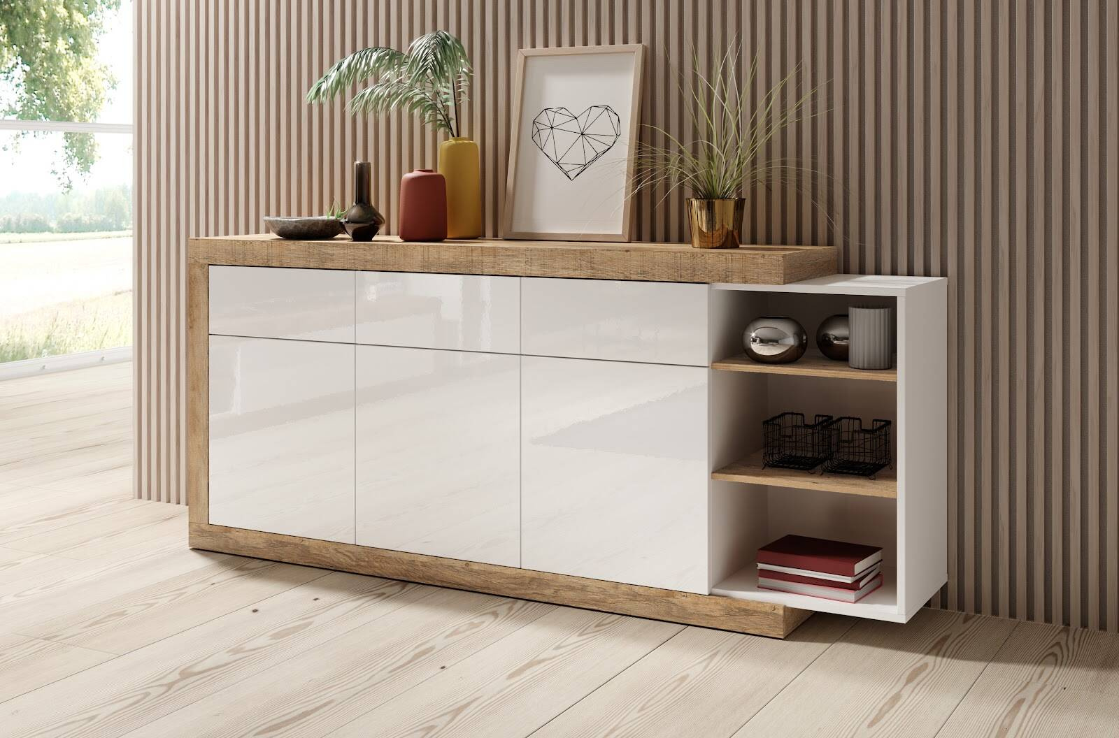 Sintra kumode, 3D3S, 200 cm, spīdīgi balta / Samdal ozols — изображение 2