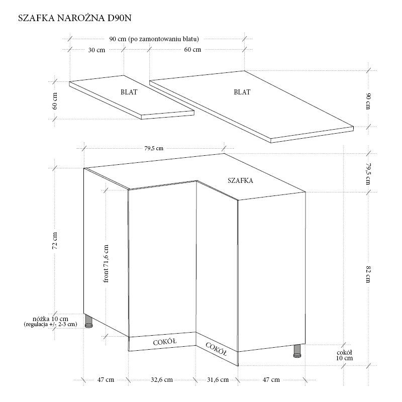Apakšējais stūra virtuves skapītis ar 2 durvīm D90N bez darba virsmas, apses baltā krāsā, spīdīgi baltā krāsā — изображение 3