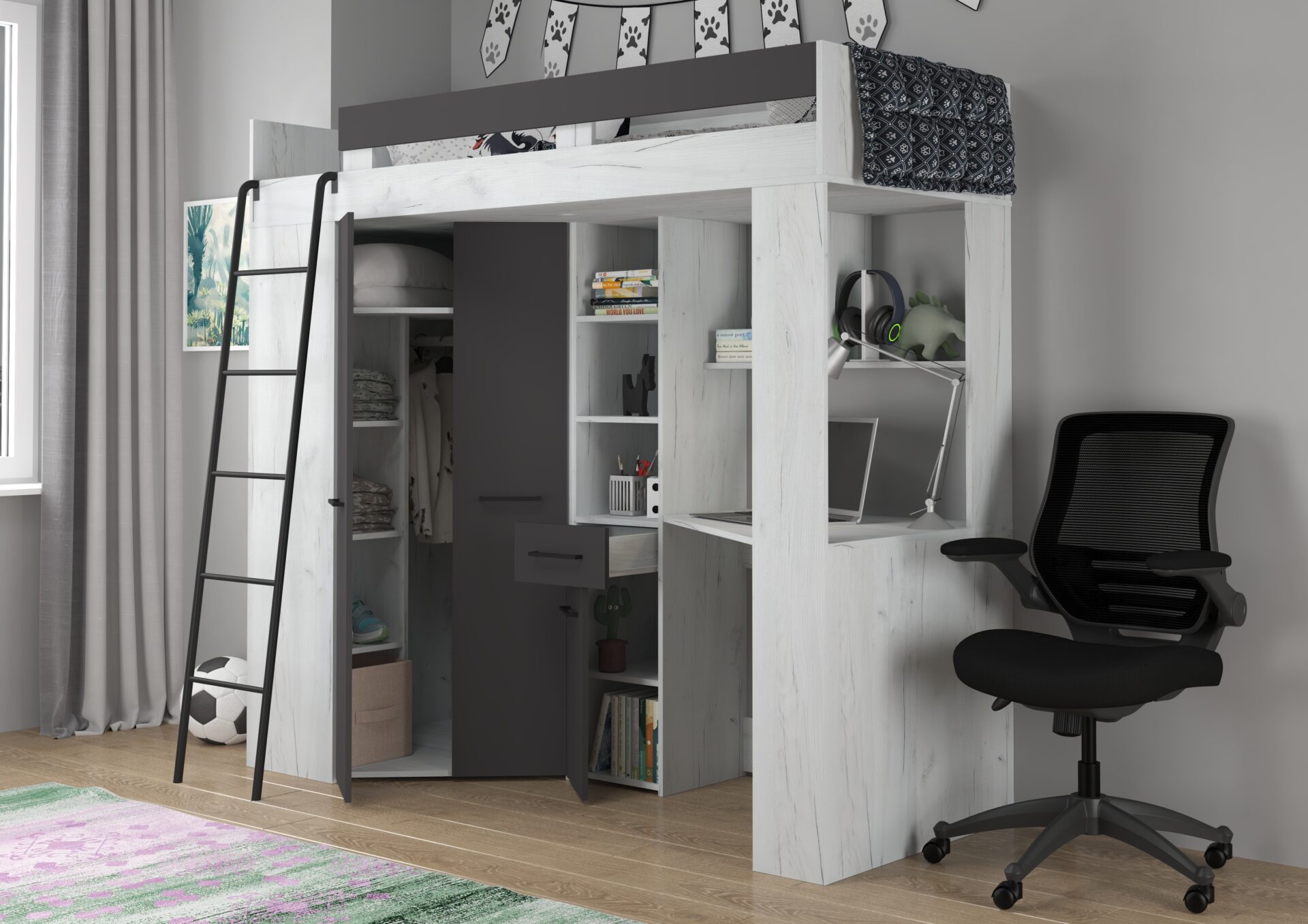 Divstāvu gulta ar galdu, stūra skapis, mezzanine FLO L craft balts grafīts — изображение 5