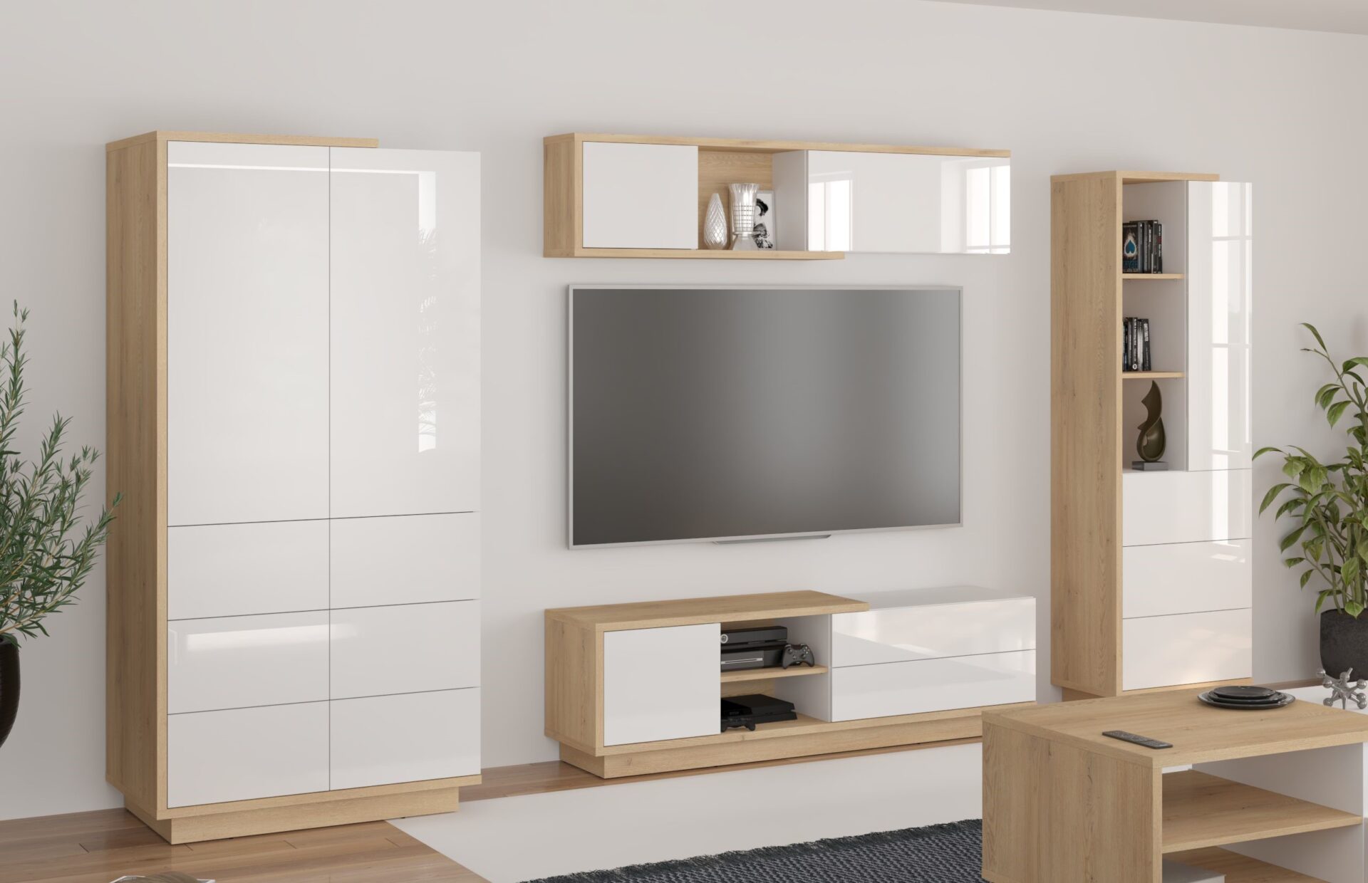BRITA mēbeles #2 skapis TV skapis plaukts grāmatu plaukts kremonas ozols balts spīdīgs